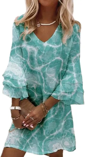 Women's Floral Print Mini Dress V-Neck Flared Sleeve Ruffle Flowy Casual Summer Swing Sundress