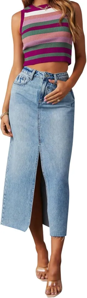 Women's Jean Skirts High Waist Split Denim Skirt Fashion Bodycon Skirt with Pocket Summer Skirt