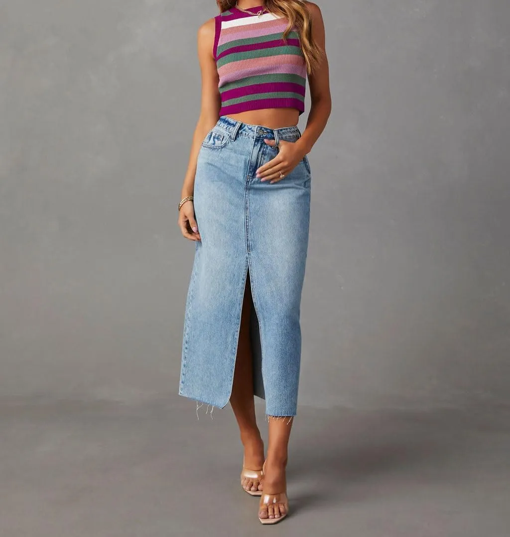 Women's Jean Skirts High Waist Split Denim Skirt Fashion Bodycon Skirt with Pocket Summer Skirt