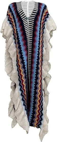 Womens Long Open Front Knit Striped Sweater Ruffle Sleeve Split Casual Cardigan Loose Cover up