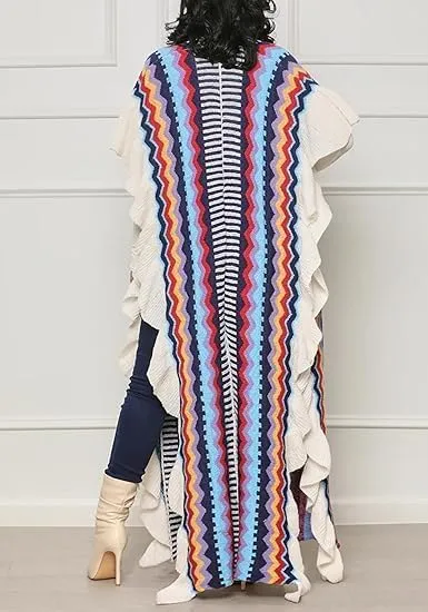 Womens Long Open Front Knit Striped Sweater Ruffle Sleeve Split Casual Cardigan Loose Cover up