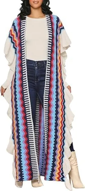 Womens Long Open Front Knit Striped Sweater Ruffle Sleeve Split Casual Cardigan Loose Cover up