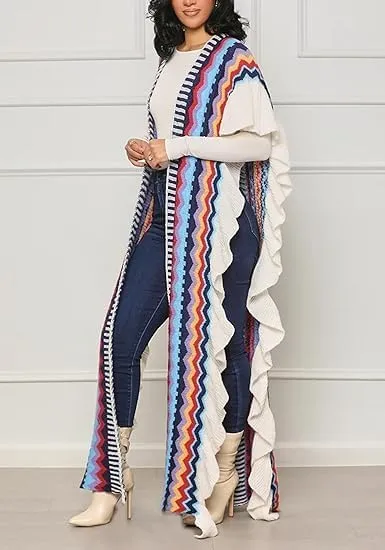Womens Long Open Front Knit Striped Sweater Ruffle Sleeve Split Casual Cardigan Loose Cover up