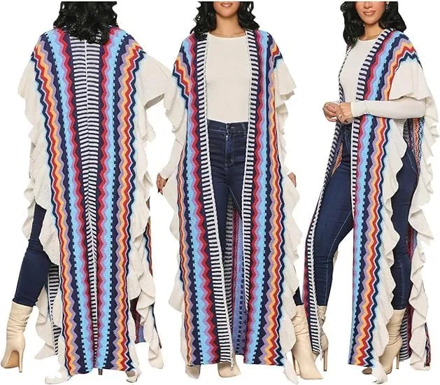 Womens Long Open Front Knit Striped Sweater Ruffle Sleeve Split Casual Cardigan Loose Cover up