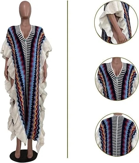 Womens Long Open Front Knit Striped Sweater Ruffle Sleeve Split Casual Cardigan Loose Cover up