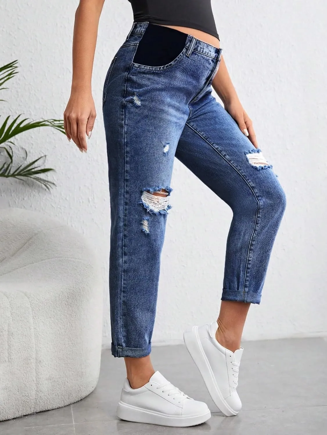 Women's Maternity Casual High Waist Zipper Ripped Jeans Pants Trousers Mom Fit Denim Pants
