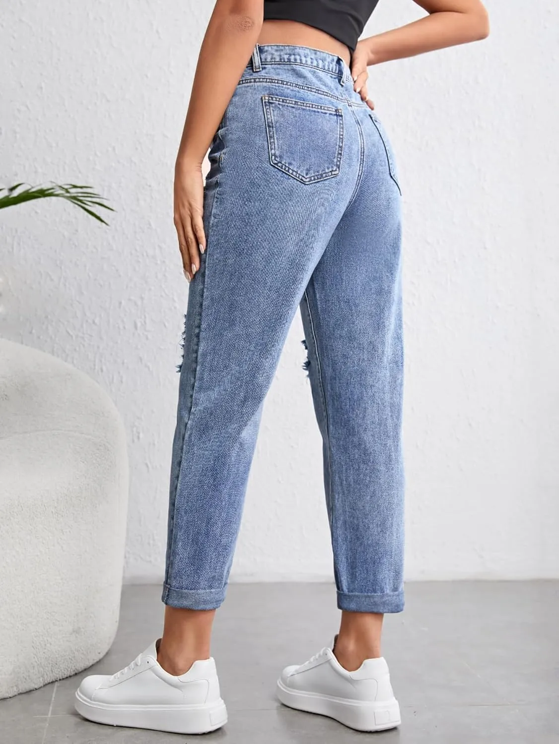 Women's Maternity Casual High Waist Zipper Ripped Jeans Pants Trousers Mom Fit Denim Pants