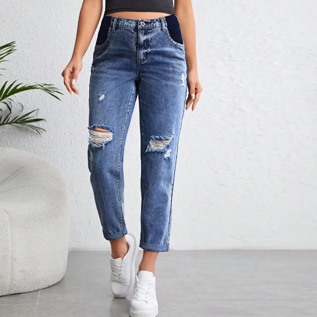 Women's Maternity Casual High Waist Zipper Ripped Jeans Pants Trousers Mom Fit Denim Pants