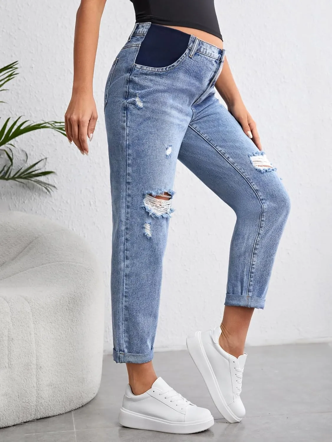 Women's Maternity Casual High Waist Zipper Ripped Jeans Pants Trousers Mom Fit Denim Pants