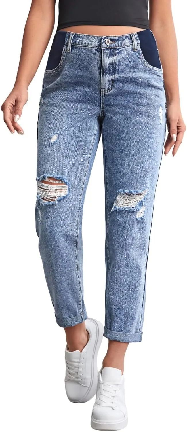 Women's Maternity Casual High Waist Zipper Ripped Jeans Pants Trousers Mom Fit Denim Pants