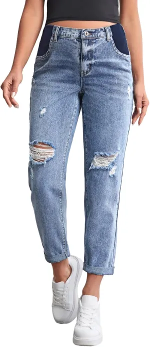 Women's Maternity Casual High Waist Zipper Ripped Jeans Pants Trousers Mom Fit Denim Pants