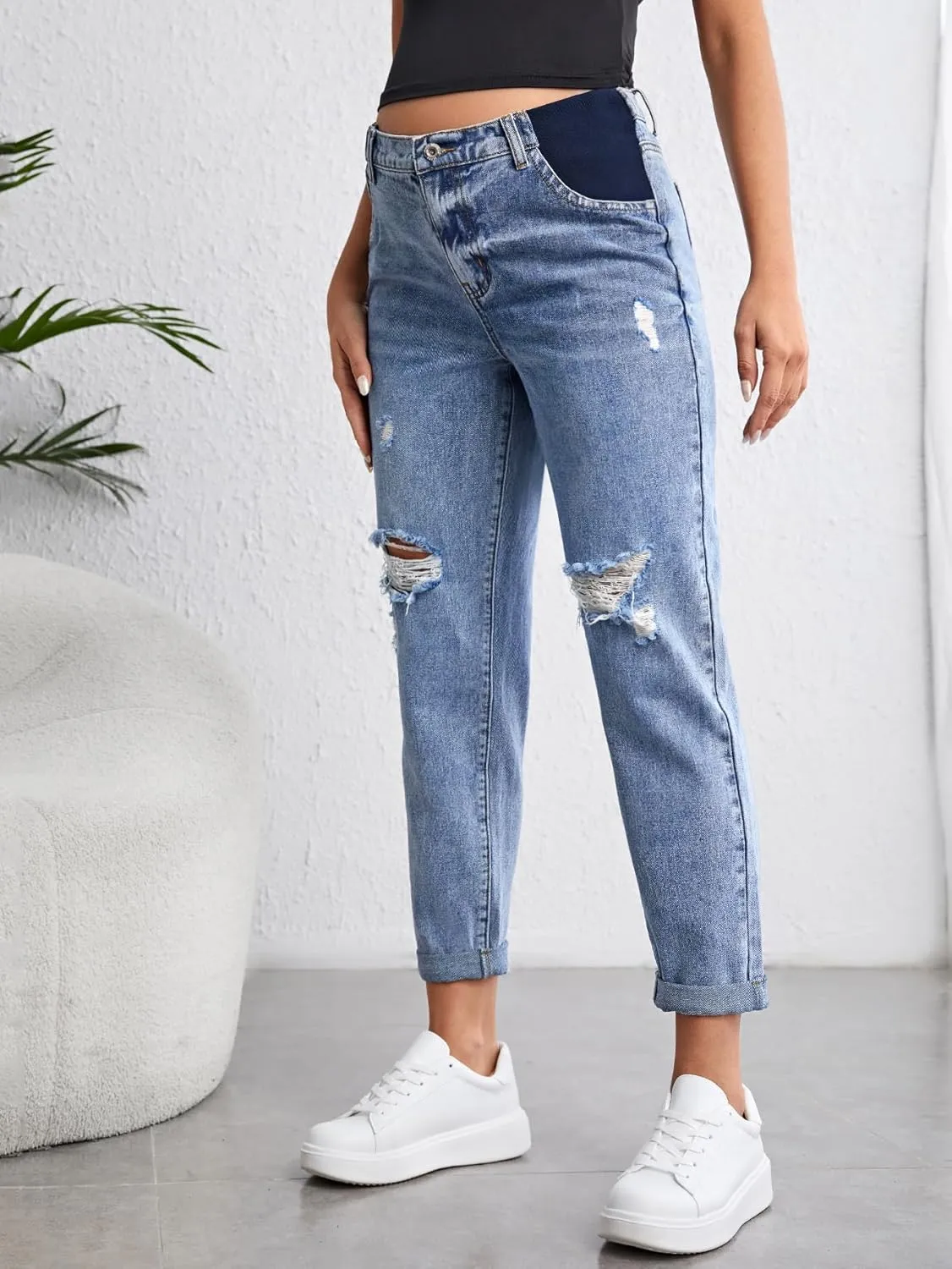 Women's Maternity Casual High Waist Zipper Ripped Jeans Pants Trousers Mom Fit Denim Pants