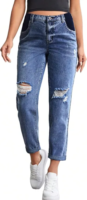 Women's Maternity Casual High Waist Zipper Ripped Jeans Pants Trousers Mom Fit Denim Pants