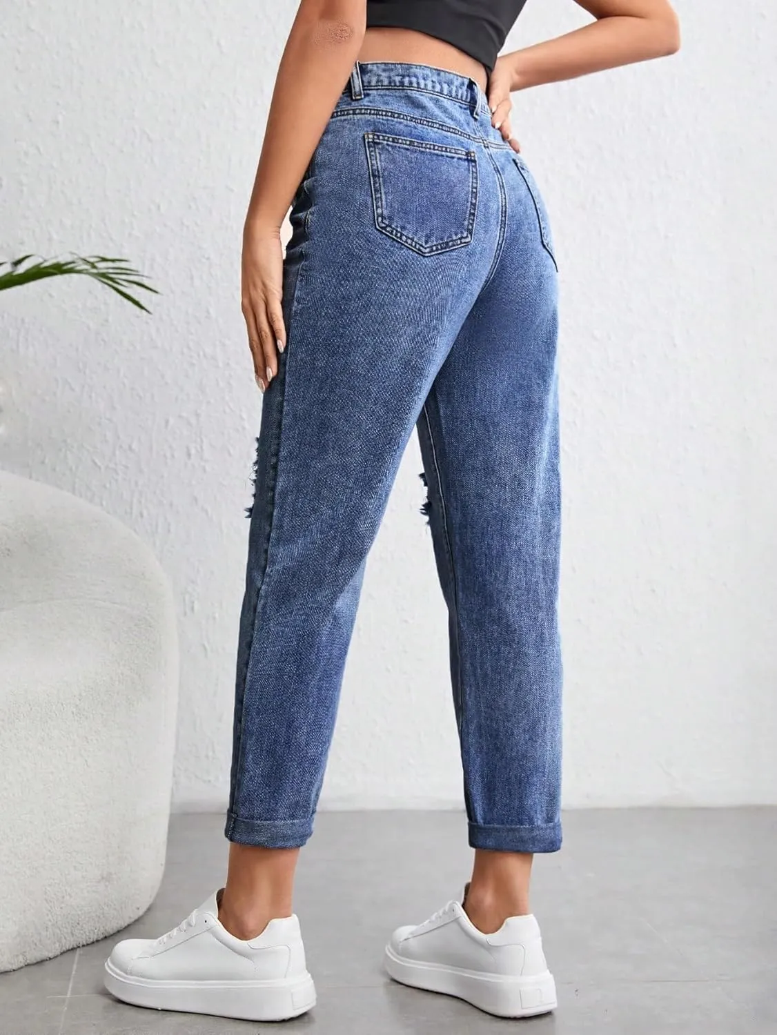 Women's Maternity Casual High Waist Zipper Ripped Jeans Pants Trousers Mom Fit Denim Pants