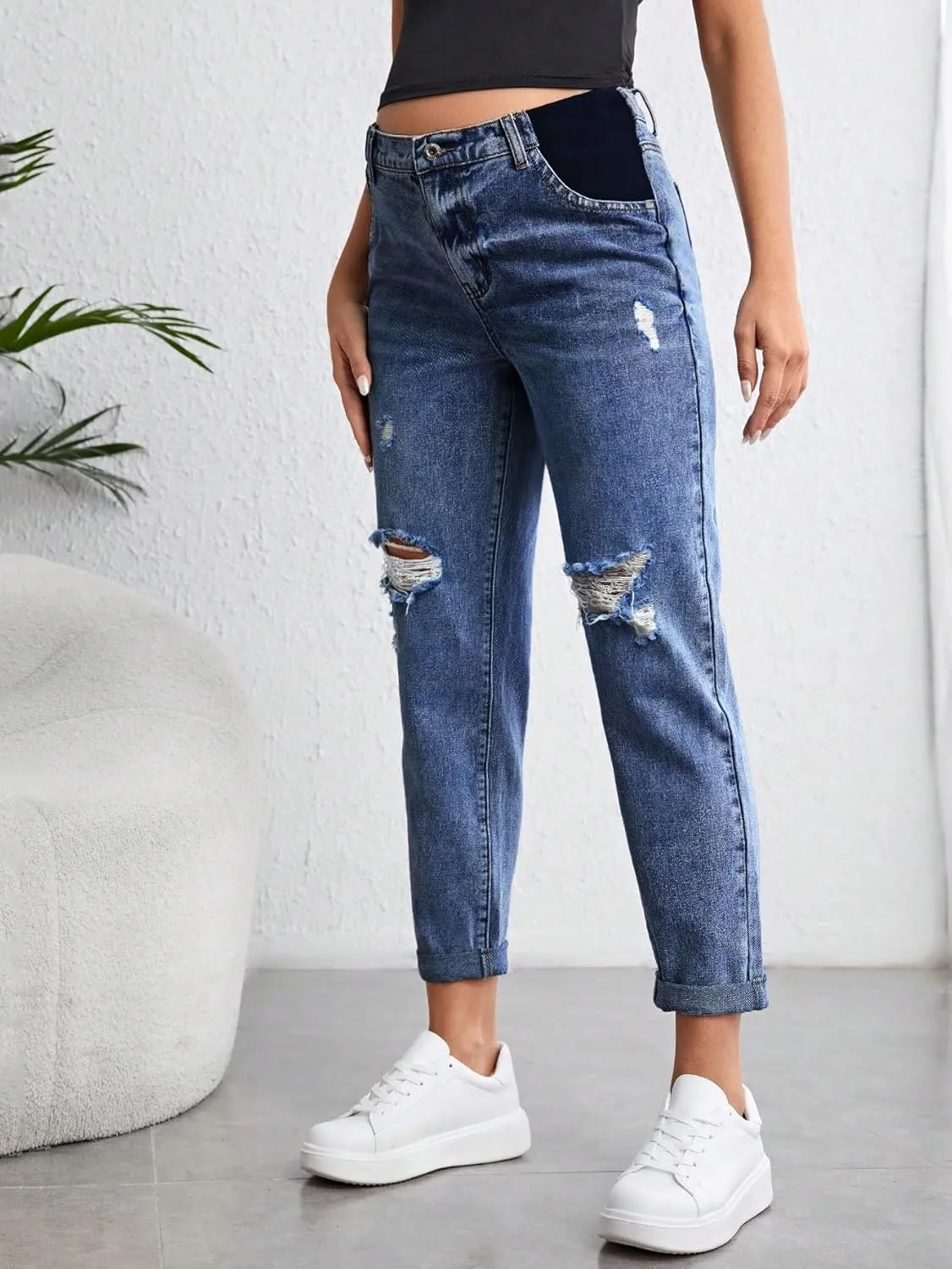Women's Maternity Casual High Waist Zipper Ripped Jeans Pants Trousers Mom Fit Denim Pants