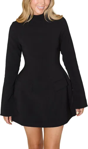 Women's Mock Neck Long Sleeve A Line Mini Dress Elegant Party Tank Bodycon Short Dresses