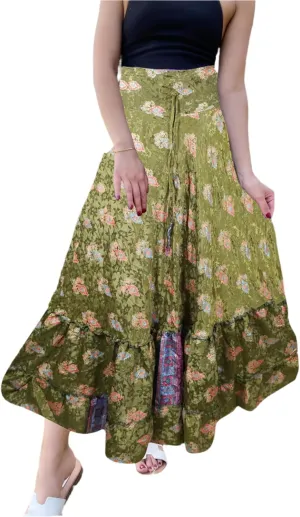 Womens Olive Green Floral Beach Maxi Skirt Tiered Ruffle Boho Skirt ML
