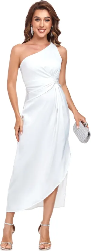 Women's One Shoulder Satin Silk Backless Split Wrap Hem Twist Ruched Summer Party Cocktail Midi Dress