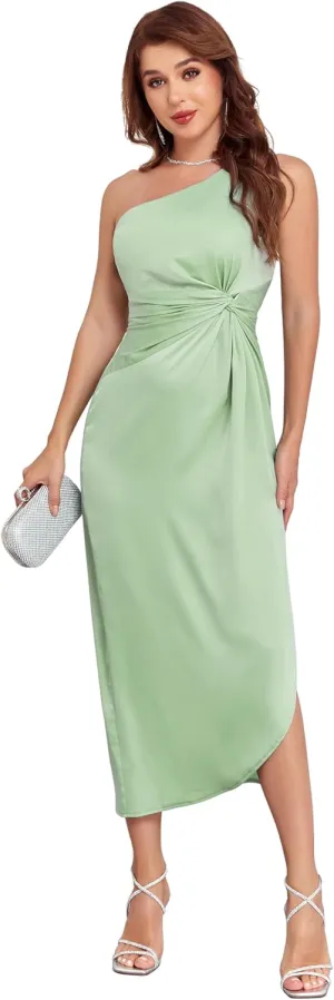 Women's One Shoulder Satin Silk Backless Split Wrap Hem Twist Ruched Summer Party Cocktail Midi Dress