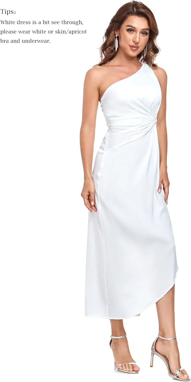Women's One Shoulder Satin Silk Backless Split Wrap Hem Twist Ruched Summer Party Cocktail Midi Dress
