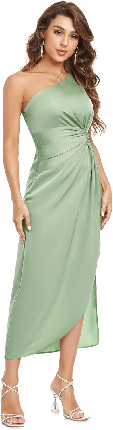 Women's One Shoulder Satin Silk Backless Split Wrap Hem Twist Ruched Summer Party Cocktail Midi Dress