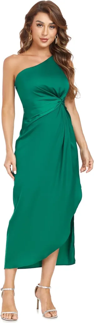 Women's One Shoulder Satin Silk Backless Split Wrap Hem Twist Ruched Summer Party Cocktail Midi Dress
