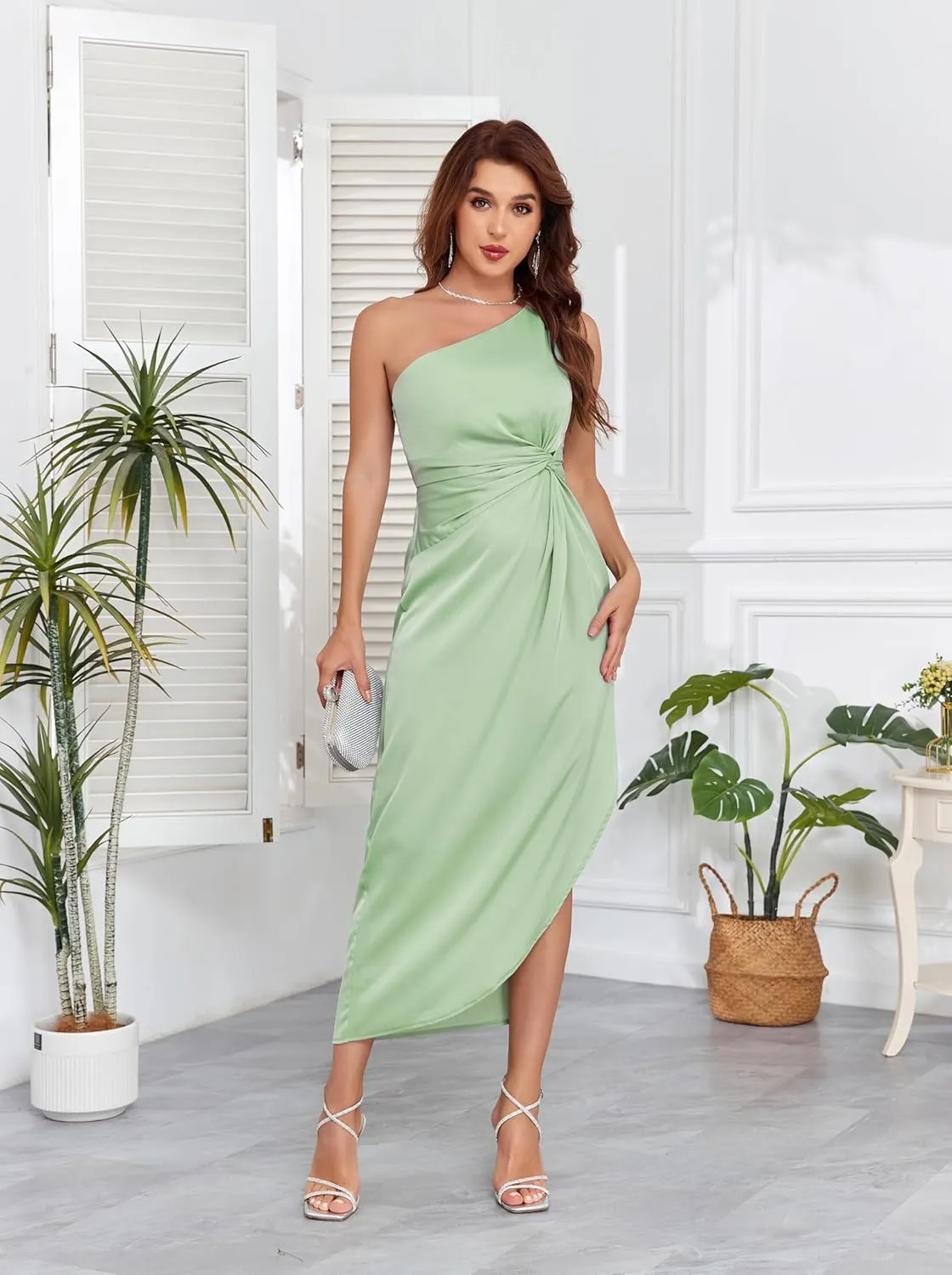 Women's One Shoulder Satin Silk Backless Split Wrap Hem Twist Ruched Summer Party Cocktail Midi Dress