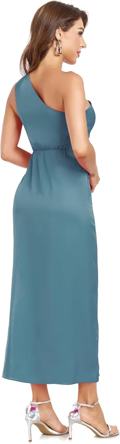 Women's One Shoulder Satin Silk Backless Split Wrap Hem Twist Ruched Summer Party Cocktail Midi Dress