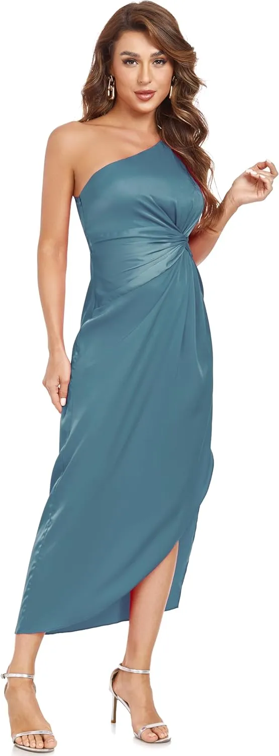 Women's One Shoulder Satin Silk Backless Split Wrap Hem Twist Ruched Summer Party Cocktail Midi Dress