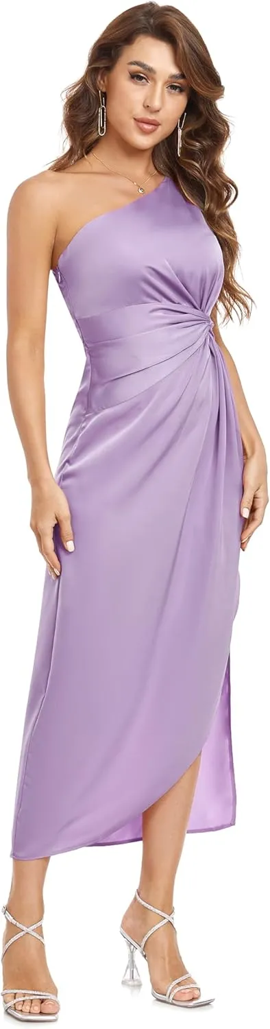 Women's One Shoulder Satin Silk Backless Split Wrap Hem Twist Ruched Summer Party Cocktail Midi Dress