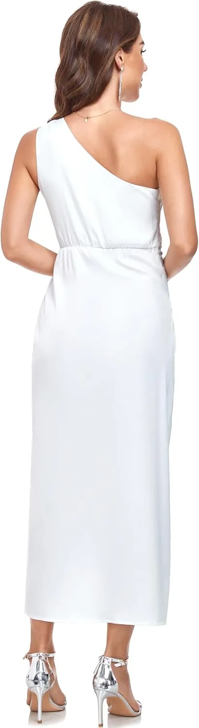 Women's One Shoulder Satin Silk Backless Split Wrap Hem Twist Ruched Summer Party Cocktail Midi Dress