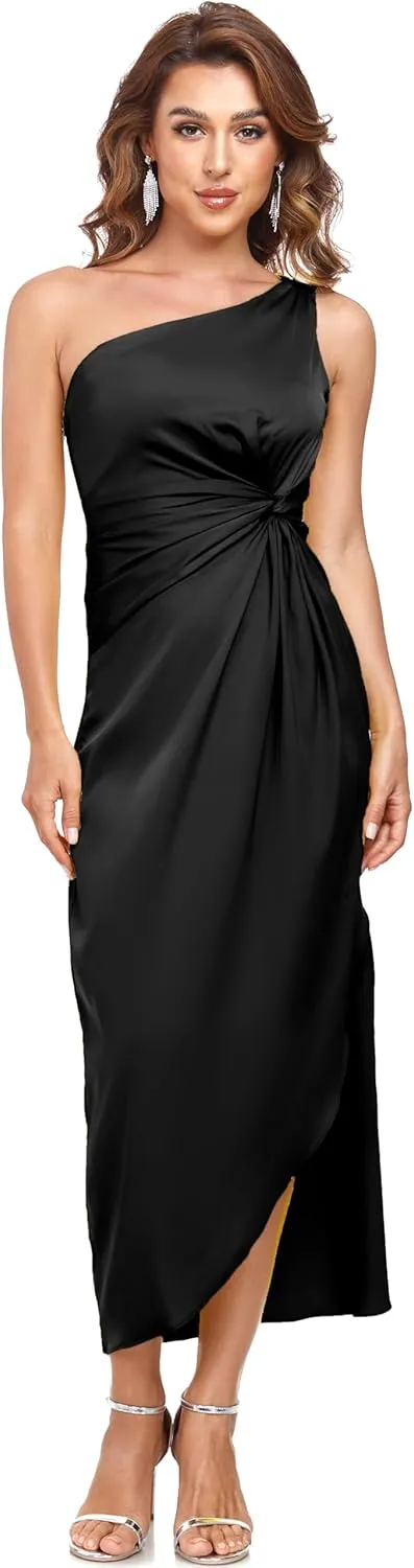 Women's One Shoulder Satin Silk Backless Split Wrap Hem Twist Ruched Summer Party Cocktail Midi Dress
