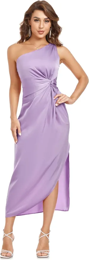 Women's One Shoulder Satin Silk Backless Split Wrap Hem Twist Ruched Summer Party Cocktail Midi Dress