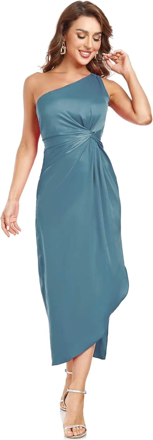 Women's One Shoulder Satin Silk Backless Split Wrap Hem Twist Ruched Summer Party Cocktail Midi Dress