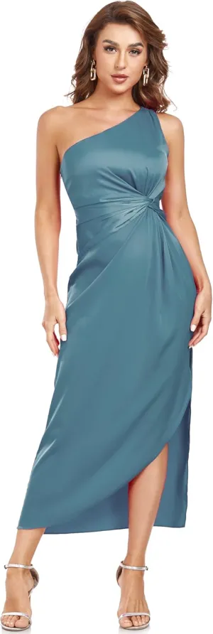 Women's One Shoulder Satin Silk Backless Split Wrap Hem Twist Ruched Summer Party Cocktail Midi Dress