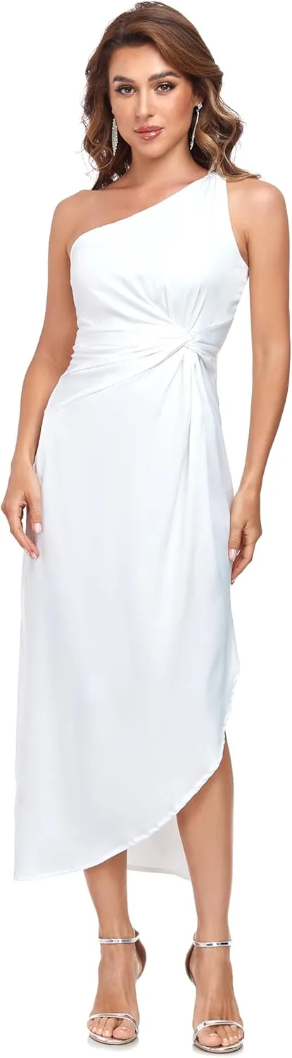 Women's One Shoulder Satin Silk Backless Split Wrap Hem Twist Ruched Summer Party Cocktail Midi Dress
