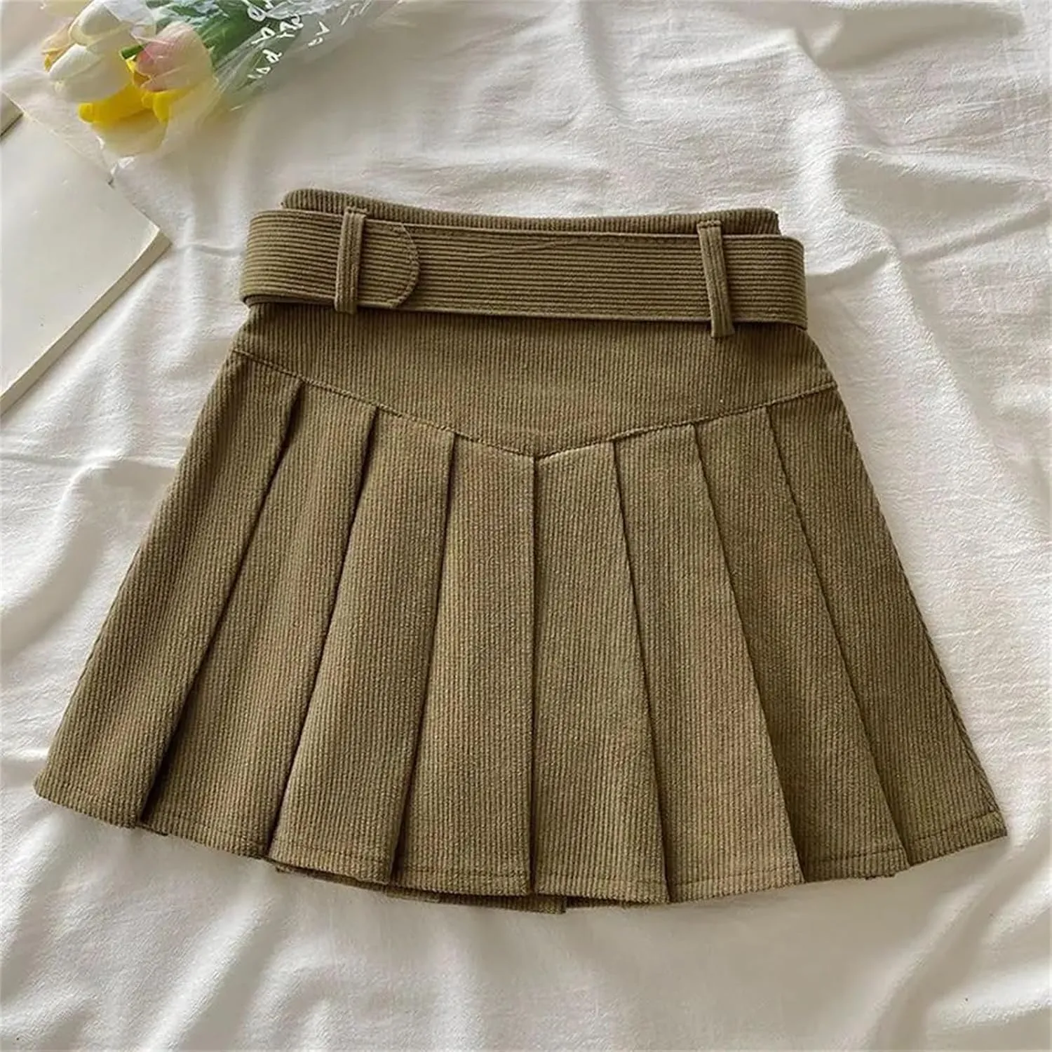 Women's Pleated Mini Skirt  Students Corduroy Solid Color Vintage Slim Fit All-Match Lightweight Golf Skirt