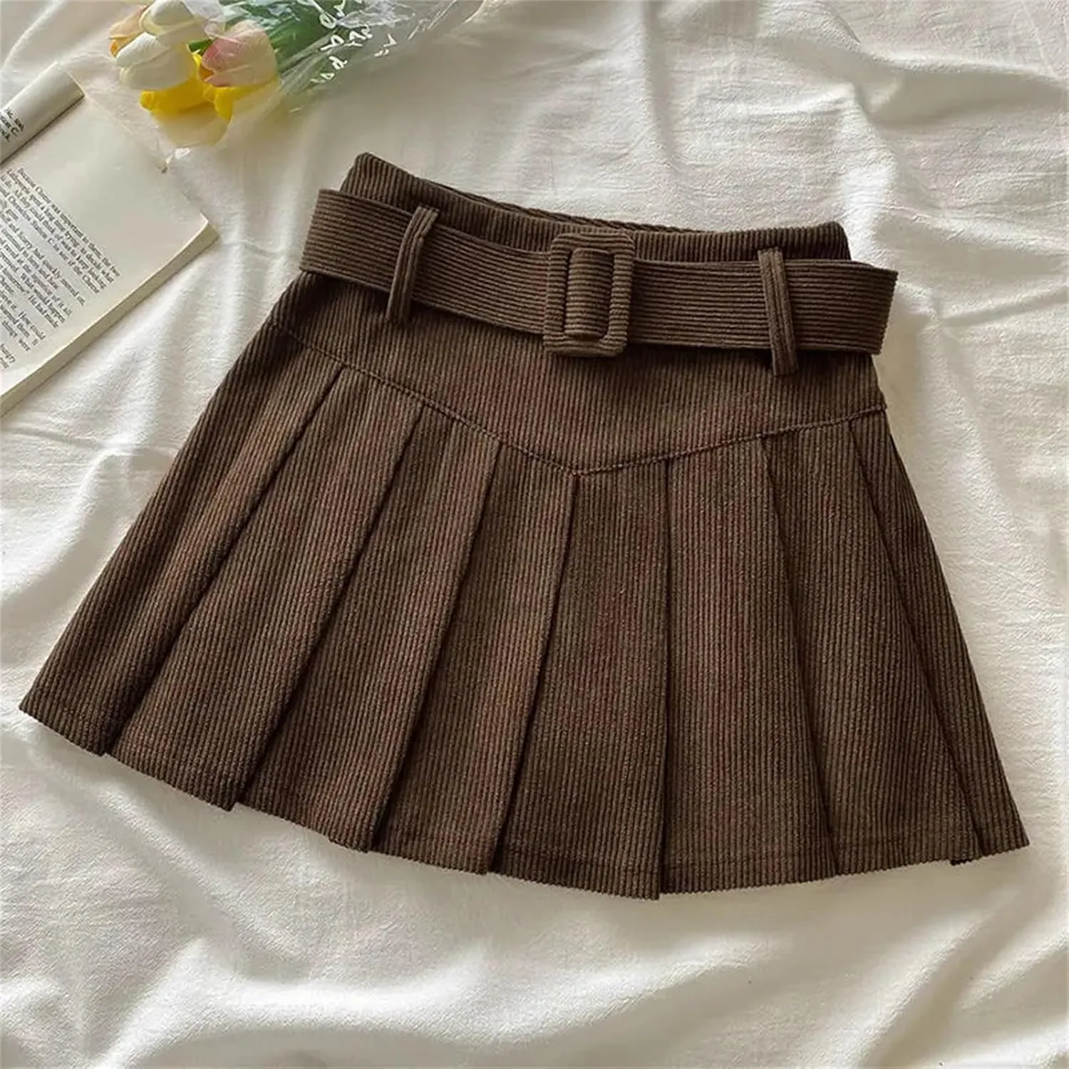 Women's Pleated Mini Skirt  Students Corduroy Solid Color Vintage Slim Fit All-Match Lightweight Golf Skirt
