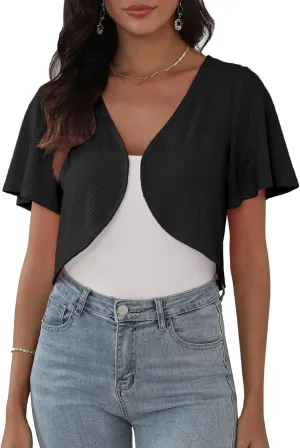 Womens Short Sleeve Shrug Knit Eyelet Embroidery Open Front Cropped Bolero Cardigan Shrugs for Dresses Lightweight