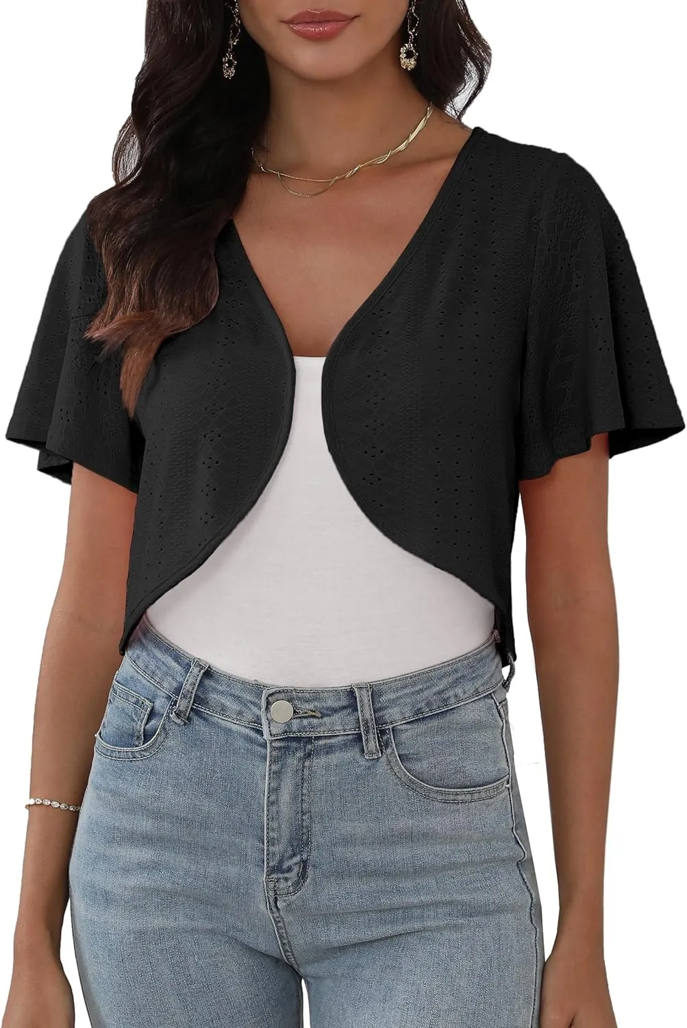 Womens Short Sleeve Shrug Knit Eyelet Embroidery Open Front Cropped Bolero Cardigan Shrugs for Dresses Lightweight