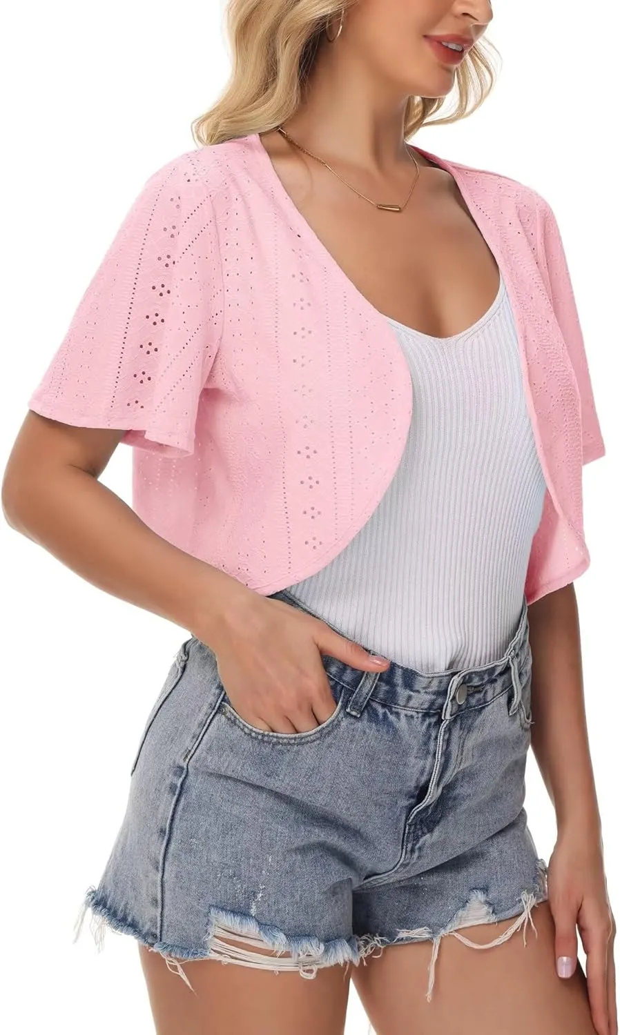 Womens Short Sleeve Shrug Knit Eyelet Embroidery Open Front Cropped Bolero Cardigan Shrugs for Dresses Lightweight