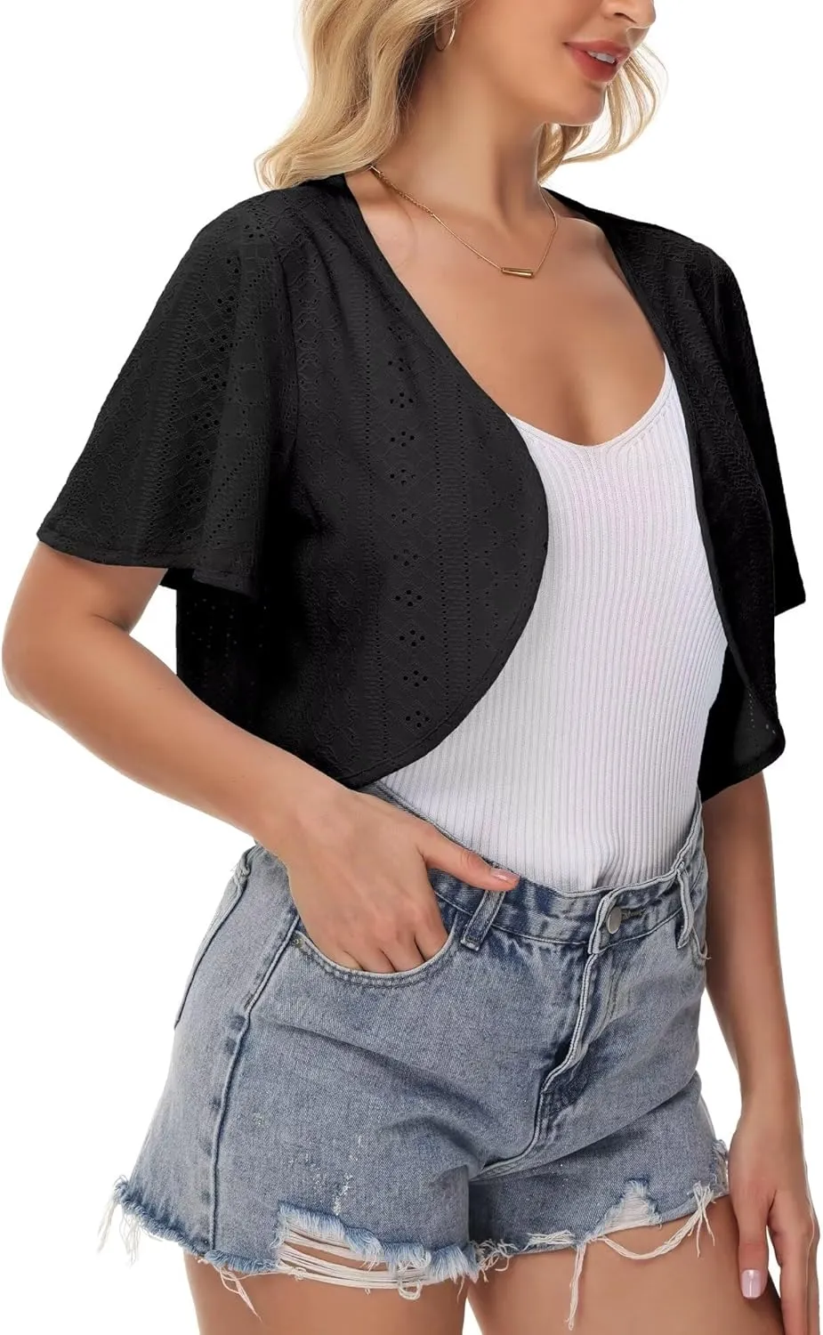 Womens Short Sleeve Shrug Knit Eyelet Embroidery Open Front Cropped Bolero Cardigan Shrugs for Dresses Lightweight