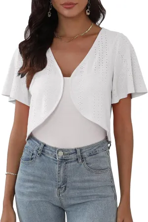 Womens Short Sleeve Shrug Knit Eyelet Embroidery Open Front Cropped Bolero Cardigan Shrugs for Dresses Lightweight