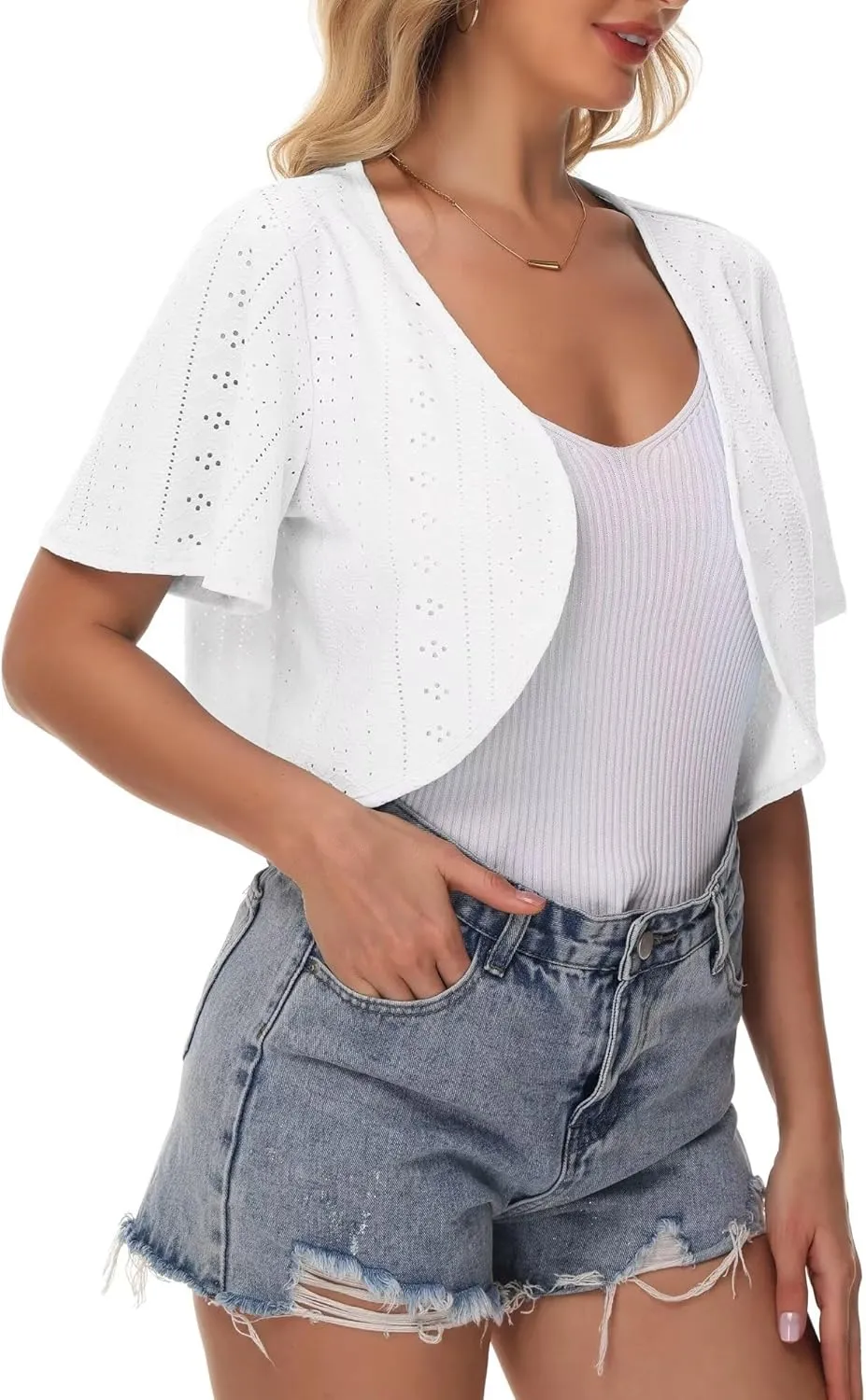 Womens Short Sleeve Shrug Knit Eyelet Embroidery Open Front Cropped Bolero Cardigan Shrugs for Dresses Lightweight