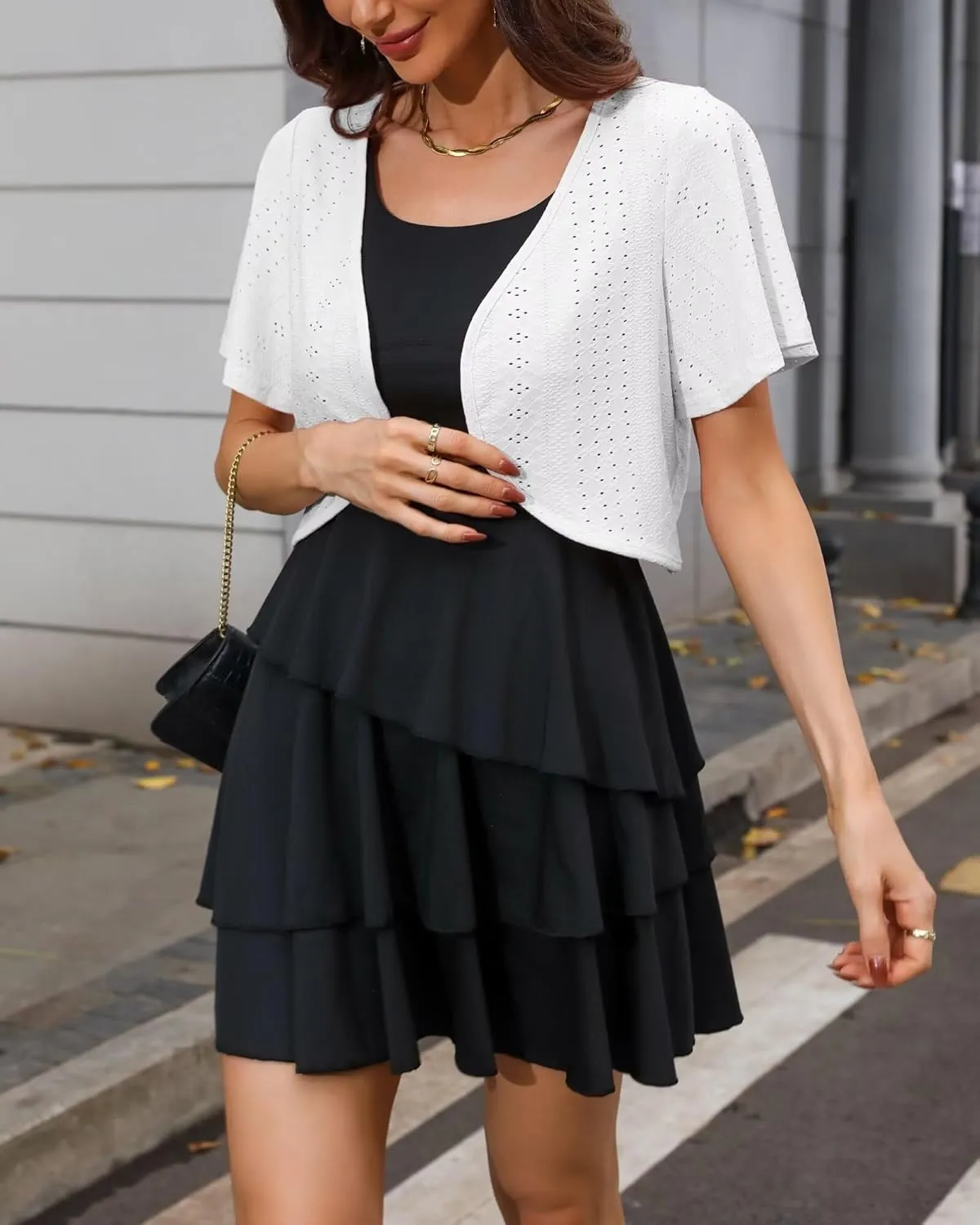 Womens Short Sleeve Shrug Knit Eyelet Embroidery Open Front Cropped Bolero Cardigan Shrugs for Dresses Lightweight