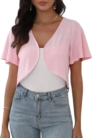 Womens Short Sleeve Shrug Knit Eyelet Embroidery Open Front Cropped Bolero Cardigan Shrugs for Dresses Lightweight