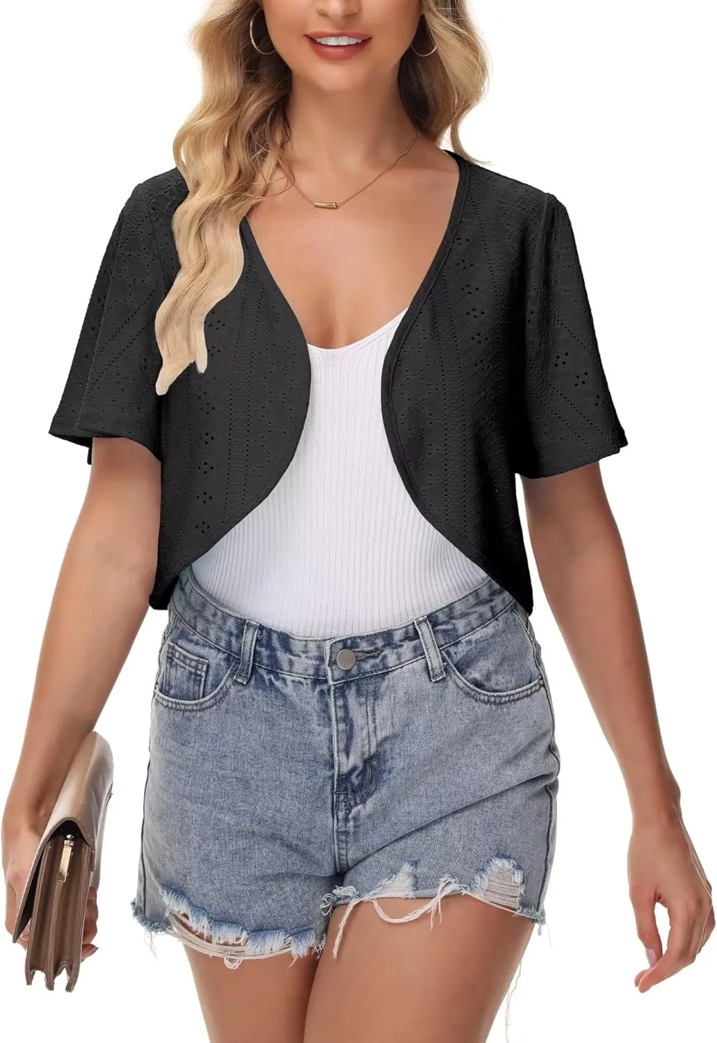 Womens Short Sleeve Shrug Knit Eyelet Embroidery Open Front Cropped Bolero Cardigan Shrugs for Dresses Lightweight