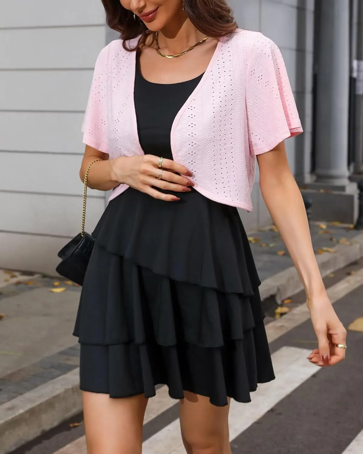 Womens Short Sleeve Shrug Knit Eyelet Embroidery Open Front Cropped Bolero Cardigan Shrugs for Dresses Lightweight