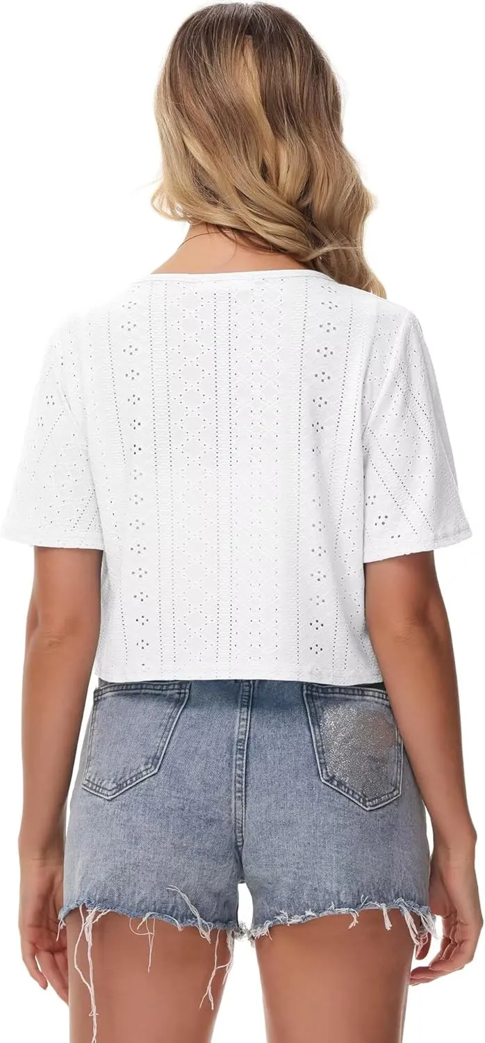 Womens Short Sleeve Shrug Knit Eyelet Embroidery Open Front Cropped Bolero Cardigan Shrugs for Dresses Lightweight