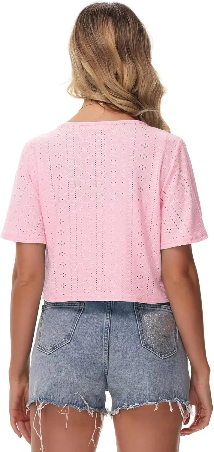 Womens Short Sleeve Shrug Knit Eyelet Embroidery Open Front Cropped Bolero Cardigan Shrugs for Dresses Lightweight